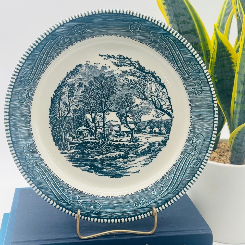 Currier & Ives Blue Winter Scene Pie Plate Dish 9.25" USA Made Vintage Americana